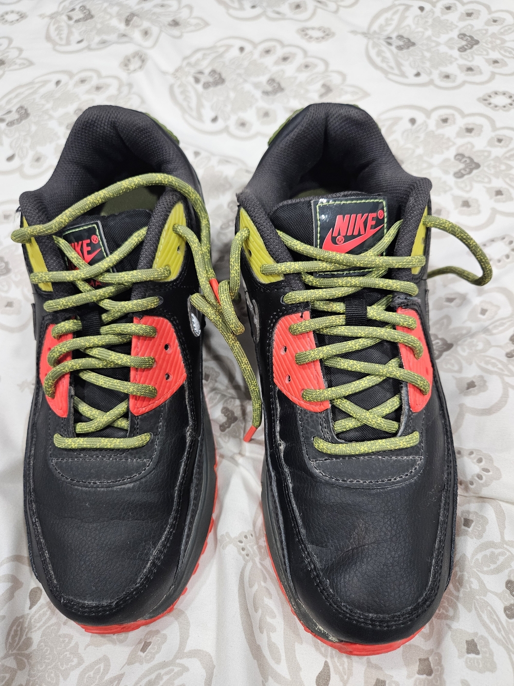 Nike Black Athletic Shoes with Red Panels and Lime Green Laces